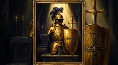 A shield bearing a cross and a sword resting in a shaft of golden light against deep shadow