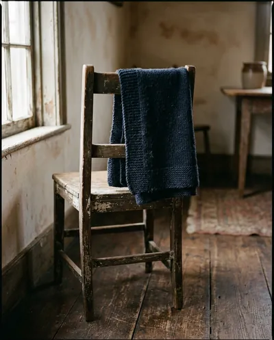 Esperanza's dark navy wool shawl folded over a weathered wooden chair · soft window light · inherited keepsake