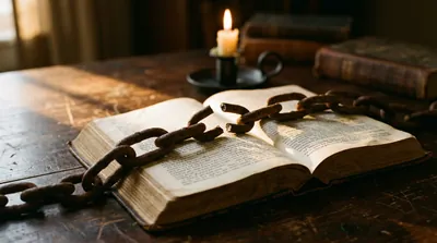 A heavy iron chain breaking apart over an open King James Bible in a shaft of golden light