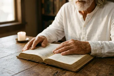 Celestino's weathered hands resting on an open King James Bible at Exodus 20 · single votive candle in soft afternoon light