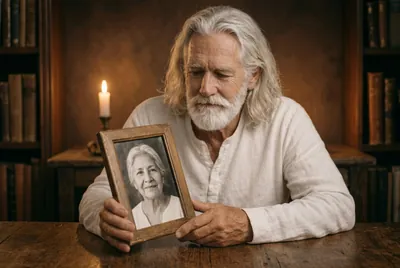 Celestino seated quietly with a small framed photograph of his grandmother Esperanza in his hands · candle · books · contemplative remembrance
