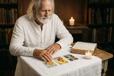 Celestino laying three Rider-Waite tarot cards on white linen — Wheel of Fortune, Magician, Tower — King James Bible open beside him, votive candle burning, bookshelves behind