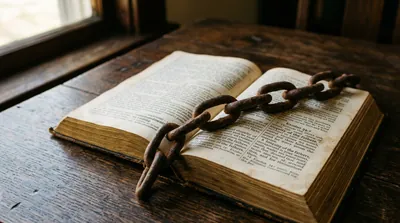 A rust-aged iron chain lying across the open pages of a King James Bible opened to Exodus 34 — 'iniquity of the fathers' faintly visible — heavy on the paper but the scripture unbroken beneath