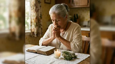An elderly Mexican-American woman in a linen blouse praying at a small table with a Bible, candle, and dried herbs, 1970s