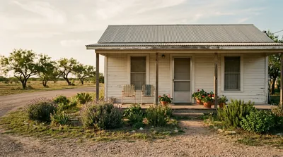 The small white wooden house of Esperanza Beatrice de la Cruz in McAllen, Texas · lavender in the front garden · mesquite trees in the distance · circa 1980