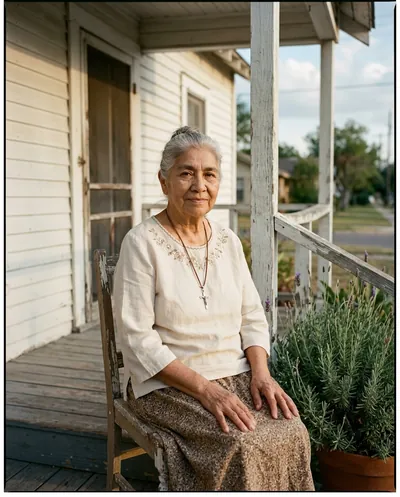 Esperanza Beatrice de la Cruz on the porch of her McAllen house, 1972 · 64 years old · cream linen blouse · silver hair · silver crucifix on leather cord