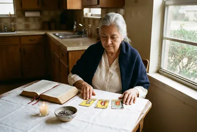Esperanza reading three tarot cards on her kitchen table · white linen cloth · King James Bible at her left · votive candle · navy shawl on her shoulders · 1980s