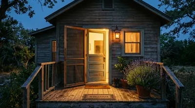 The lit threshold of a home at dusk under a soft protective glow, lavender by the door