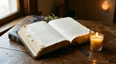 An open King James Bible on a wooden table in soft golden light, a single votive candle beside it