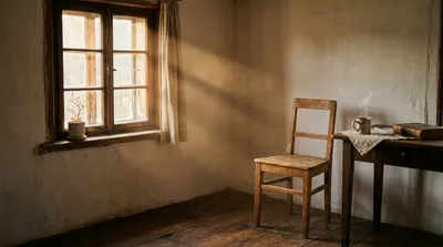 Soft morning light falling through a window onto a quiet room, a sense of stillness and peace