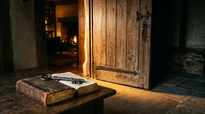 A heavy door opening from darkness into warm golden light, an old key resting on a worn Bible