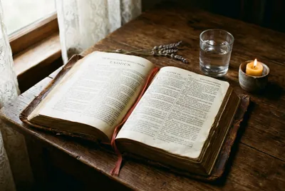 Esperanza's King James Version Bible · brown leather · open to Exodus · red ribbon bookmarks · pencil-underlined verses · votive candle and dried lavender beside it