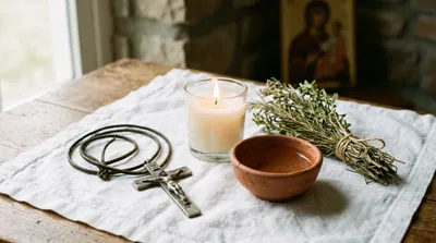 Dried herbs, a white candle, and a small bowl of water on white linen beside a worn crucifix in soft light