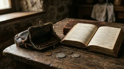 An old empty leather coin purse resting on a worn wooden table beside an open Bible in dim light