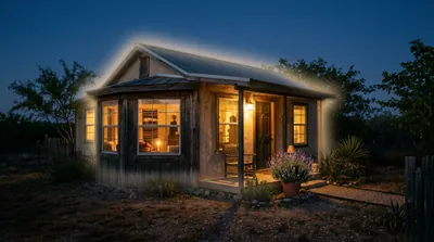 A modest home at night with warm light glowing in the windows under a deep indigo sky, a candle on the sill