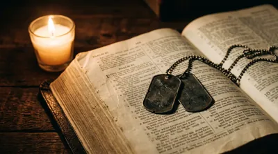 An open King James Bible turned to Psalm 91 in warm candlelight, a worn prayer card resting on the page