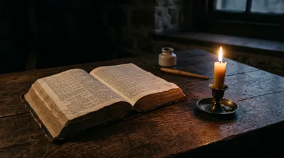 A worn King James Bible open beside a single candle in contemplative low light, a question held in the stillness