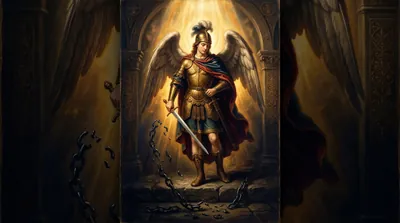 Saint Michael the Archangel in golden light with a drawn sword standing over a broken iron chain