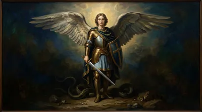Saint Michael the Archangel standing in golden light, sword lowered, the dragon beneath his feet