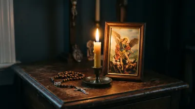 A devotional candle burning before an image of Saint Michael the Archangel in warm golden light