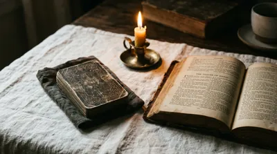 A worn vintage tarot deck face-down on white linen beside an open Bible and a candle, in quiet contemplative light