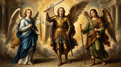 Three archangels in golden armor and robes standing together in radiant light, in the style of a classical altarpiece