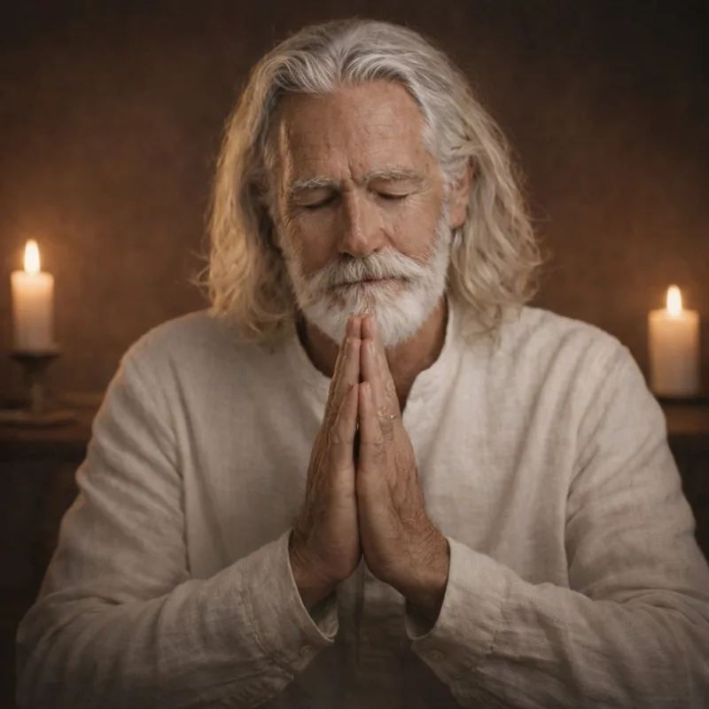 Celestino in prayer for the Order — hands joined, candles, linen