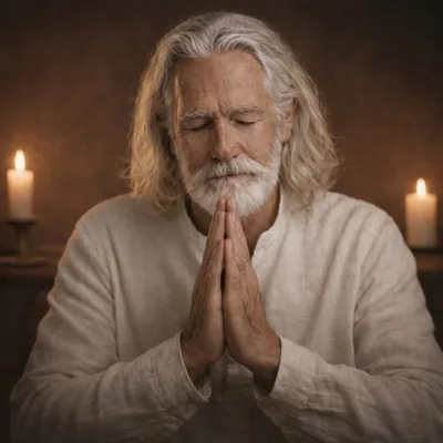 Celestino in prayer — hands joined, eyes closed, two votive candles burning