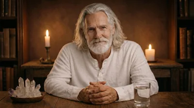 Celestino at his reading table — long silver hair, white linen shirt, two lit candles, weathered books behind him